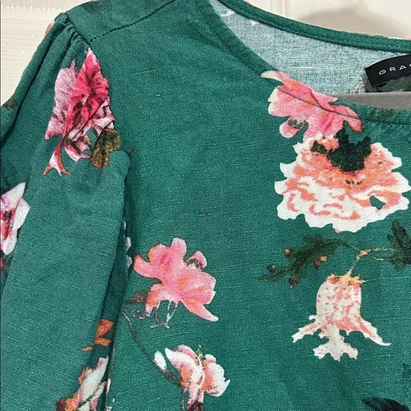 Grace Elements Green Floral Blouse Pink and White Blooms Grommets on Sleeves S - Picture 3 of 12